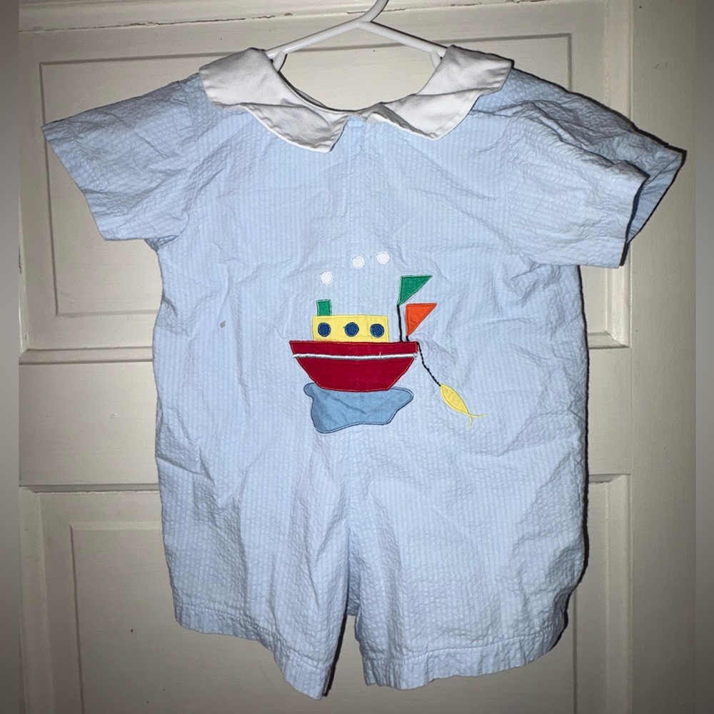 Vintage Blue Baby Romper with Boat Design